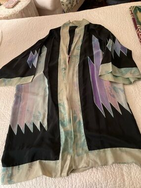 Silk Open-Front Kimono Jacket in Black with Pastel Accents